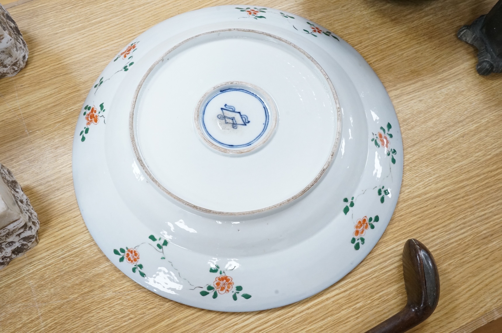 A large Chinese style Samson, Paris powder blue ground dish or charger, 39cm in diameter